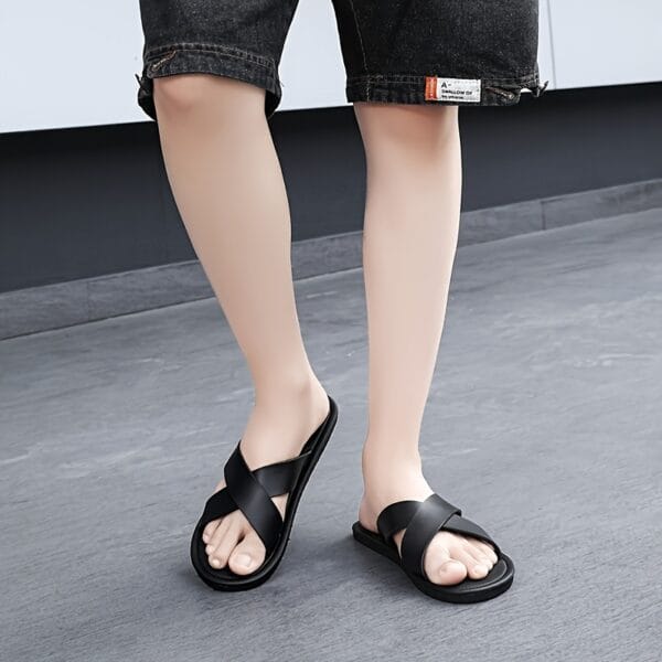 Men's 2025 All-Season Retro Cross-Strap Slide Sandals - Lightweight Non-Slip Durable PVC & EVA Cushioned Casual Indoor/Outdoor Slippers with Cross-Strap Design, Black, Everyday Footwear | Minimalist Shoe Design | Antislip Sole, Indoor Slippers