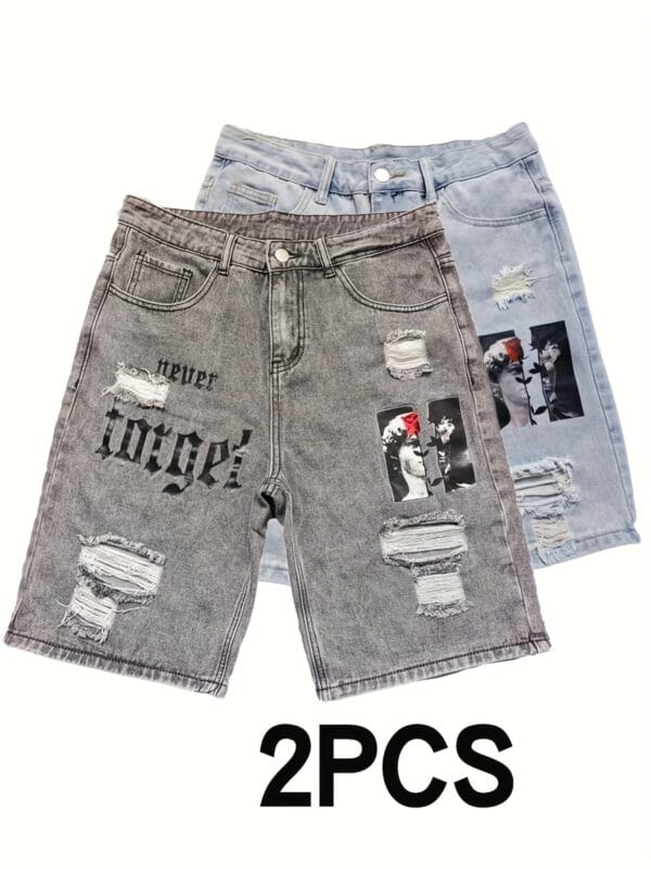 product-fancy-dfa1c2c7-6275-40de-a65f-4f544f0f07eb Men's Summer Lightweight Denim Shorts - Knee-Length Relaxed Fit Distressed Casual Shorts with Portrait Print, 52% Blend, Hand Wash Only