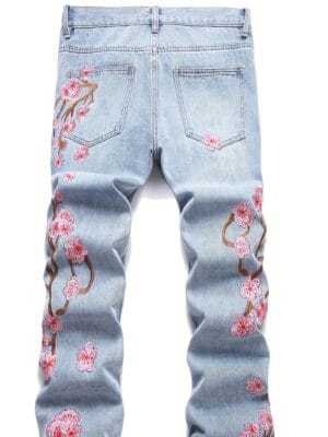 Cross-border New Men's European and American Street Fashion Loose Wide-Leg Non-Stretch Floral Embroidery Denim Flare Pants