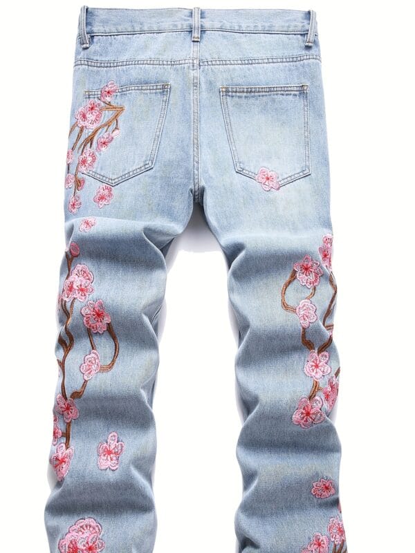 Cross-border New Men's European and American Street Fashion Loose Wide-Leg Non-Stretch Floral Embroidery Denim Flare Pants