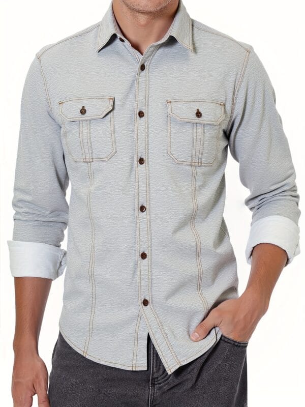 Men'S Slim-Fit Blue Denim Shirt with Double Pockets - Long Sleeve, Button-Up Casual Top for All Seasons, Versatile Fashion, Casual Wear|Slim Fit Shirt|Durable Fabric