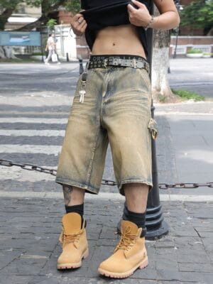 1pc American Multi-Pocket Loose Fit Men's Distressed Denim Cargo Shorts, Streetwear Design