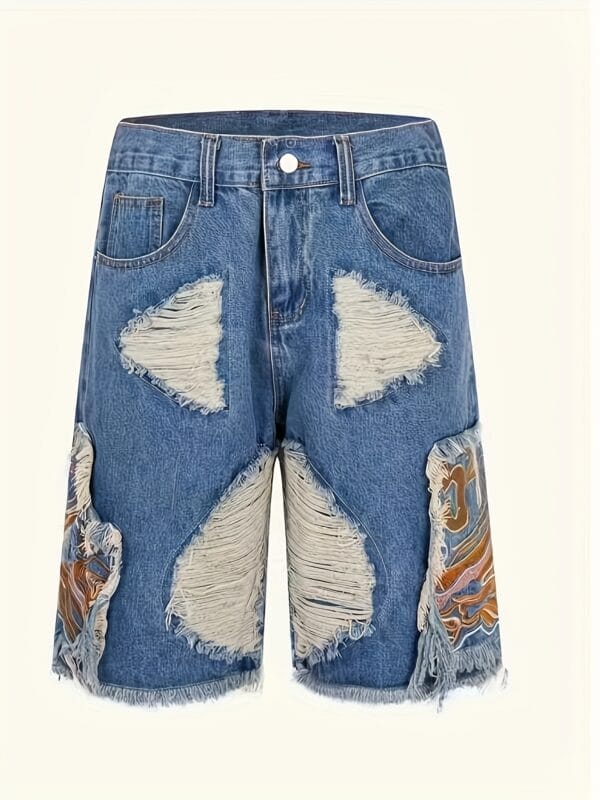 product-fancy-e2a155f7-ffc9-4a8d-a031-864ebba6dde8 Men'S Plus Size Distressed Faux Denim Shorts with Frayed Hem & Geometric Embroidery - Casual Relaxed Fit, Non-Stretch Faux Denim, Functional Pockets, Edgy Streetwear Style for Summer Outfits, Faux Denim Shorts, Durable Fabric, PLUS SIZE