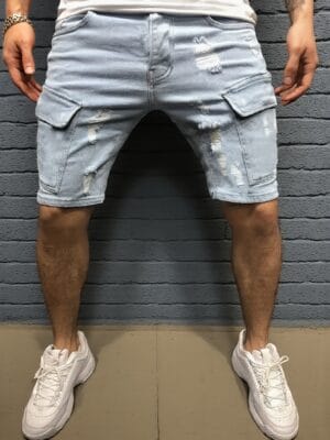 Men'S Fashionable Denim Bermuda Shorts - Mid-Rise, Stretch Blend, Slim Fit with Pockets & Distressed Detailing, Light Blue Casual Summer Shorts for Casual Attire