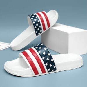 product-fancy-e2f19e8d-5cbd-4fa1-8c4f-1c835b639ac1 Men's Black Slides with Red & White Star Pattern - Non-Slip, Odor-Resistant Summer Slippers for Indoor & Outdoor Use, Comfortable EVA/PU Upper & Rubber Sole
