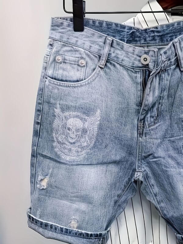 product-fancy-e3221ab1-8adc-4155-bdb9-7420817c3979 Men's Distressed Denim Shorts with Skull & Sickle Print, Zipper Details, and Faux Pockets - Street Style Knee-Length Halloween Design