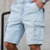 Men'S Summer Streetwear Denim Knee-Length Shorts with Multiple Pockets - Light Blue Washed, Soft Craftsmanship, Casual Style, Non-Stretch Fabric, Everyday Denim Shorts | Streetwear Style | Nonstretch Denim