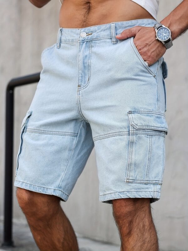 Men'S Summer Streetwear Denim Knee-Length Shorts with Multiple Pockets - Light Blue Washed, Soft Craftsmanship, Casual Style, Non-Stretch Fabric, Everyday Denim Shorts | Streetwear Style | Nonstretch Denim
