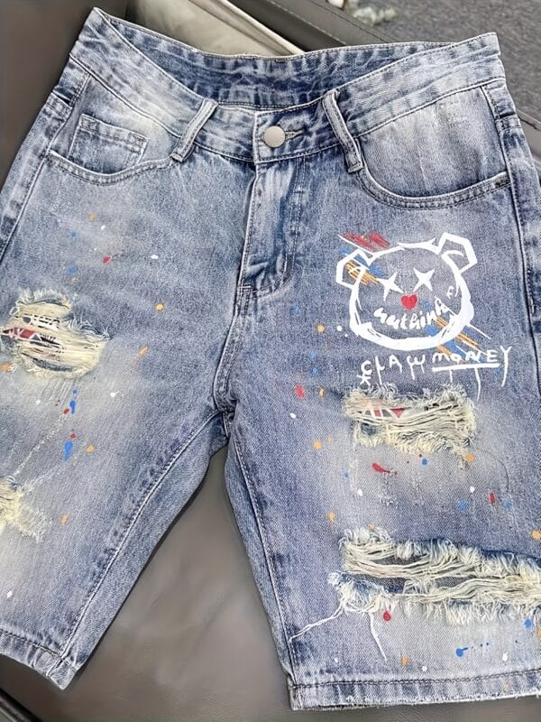Men's Casual Distressed Denim Shorts with Geometric Bear Graphic Print - Knee-Length Mid-Thigh Regular Fit, Machine Washable & Functional Pockets for Summer Streetwear, Shorts Jeans, Streetwear Fashion, Warm Weather Clothing, Urban Street Style, Durable Construction, Street Style Lovers