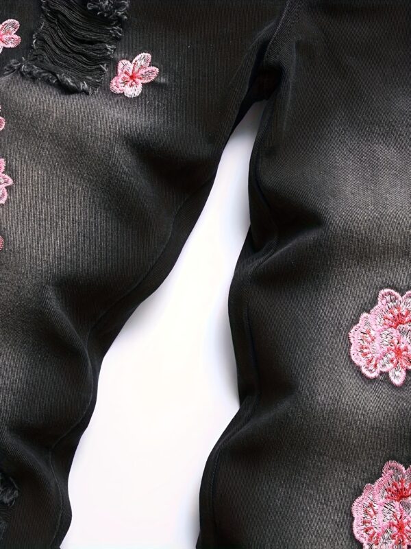 Cross-border New Men's European and American Street Fashion Loose Wide-Leg Non-Stretch Floral Embroidery Denim Flare Pants