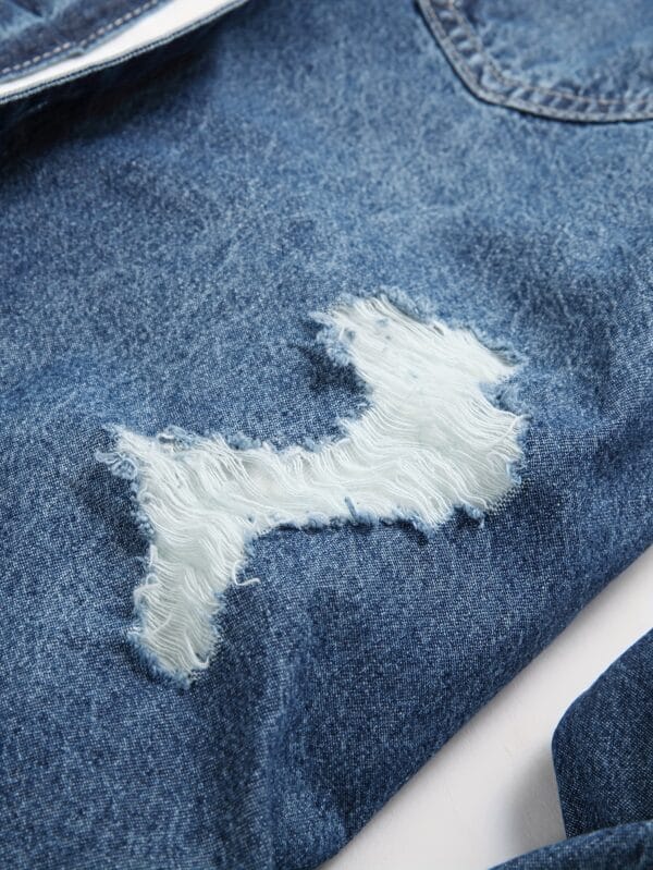 Men'S Distressed Denim Shirt - Blue Washed Jean Look, Casual Street Style, Non-Stretch Fabric, Regular Fit for Spring/Fall