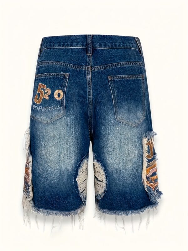 Men's Chic Embroidery Design Cotton Blend Ripped Loose Fit Jorts, Street Style Summer Bottoms for Men