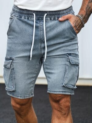 product-fancy-e76e3e8f-b002-4b2e-bd43-8326797d38dd Men'S Casual Denim Shorts with Drawstring Waist, Multiple Pockets, and Button Closure - Light Blue, Regular Fit, Medium Stretch, Summer Casual Wear, Casual Summer Wear | Button Closure Shorts | Medium Stretch Fabric