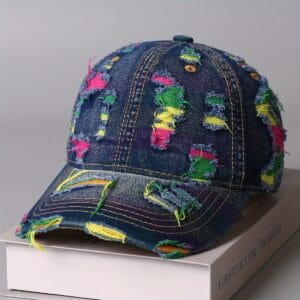 product-fancy-e7a732ad-f1d5-4875-8b75-79a5aae1ea24 Retro Distressed Washed Denim Baseball Cap - Adjustable Snapback Korean Street Fashion Hat with Random Torn Holes, Breathable Summer Sun Hat for Men & Women