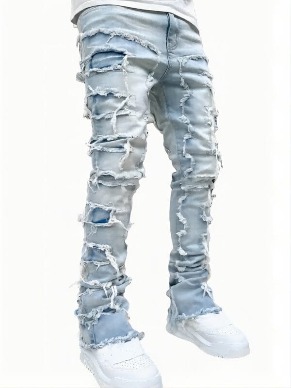 product-fancy-e9387f59-f941-444d-9baa-2bab981477f2 Men'S Slim-Fit Stretch Faux Denim Faux Denim with Embroidered Rips - Casual Light Blue Washed Faux Denim, Medium Stretch, Regular Length, All-Season Comfort Fit, Comfortable Clothing | Embroidered Faux Denim | Medium Stretch Fabric