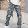 Men'S Distressed Denim Jeans with Red Stitching - Loose Fit Straight-Leg Casual Pants, Non-Stretch Fabric, All-Season Wear, White Sneakers Included, Allseason Jeans|Distressed Denim Look|Stylish Distress