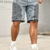 Men's Casual Straight-Leg Distressed Denim Shorts - Frayed Hem & Side Pockets, Machine Washable Regular Fit Summer Shorts for Casual Attire, Solid Color Design