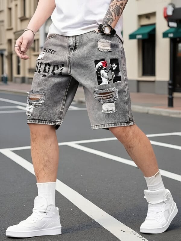 product-fancy-eaf764db-a096-40f7-a102-d0fe678d82bb Men's Summer Lightweight Denim Shorts - Knee-Length Relaxed Fit Distressed Casual Shorts with Portrait Print, 52% Blend, Hand Wash Only
