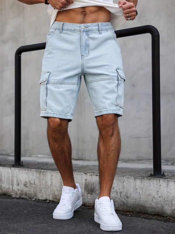 Men'S Summer Streetwear Denim Knee-Length Shorts with Multiple Pockets - Light Blue Washed, Soft Craftsmanship, Casual Style, Non-Stretch Fabric, Everyday Denim Shorts | Streetwear Style | Nonstretch Denim