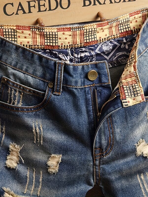 Men'S Non-Stretch Faux Denim Shorts - Classic Five-Pocket design with Random Color Patchwork, Mid-Length Casual Pants for Everyday & Formal Outfits - Edgy Streetwear Style Faux Denim Shorts, Faux Denim Shorts, Versatile Clothing, Distressed Look, Quality Stitching, Young Adults, Streetwear Fashion, Retro Fashion, Durable Fabric, Urban Style