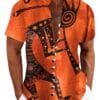 Men'S Vibrant Abstract Geometric Print Shirt - Casual Mandarin Collar Short Sleeve, Orange with Black & White Patterns, Lightweight Summer Outdoor & Party Wear, Button-Up Front, Regular Fit, Nonelastic Fabric