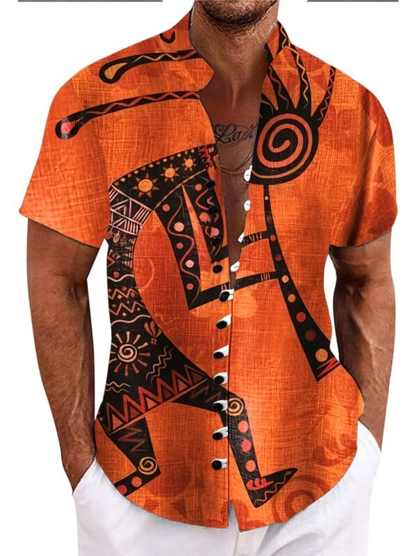 Men'S Vibrant Abstract Geometric Print Shirt - Casual Mandarin Collar Short Sleeve, Orange with Black & White Patterns, Lightweight Summer Outdoor & Party Wear, Button-Up Front, Regular Fit, Nonelastic Fabric
