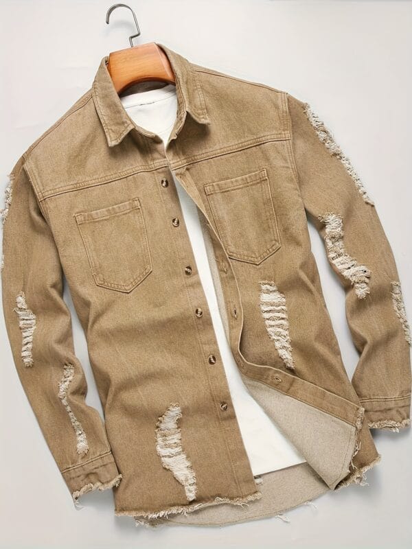 product-fancy-ebdbf9f5-be59-451d-94d2-72b1a2e2769c Men's Streetwear Distressed Denim Shirt - Relaxed Fit with Ripped Details, Classic Collar & Button Front, Autumn/Winter Casual Outerwear, Autumn Fashion, Solid Color Design