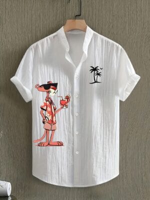 Men'S Summer Casual Beach Shirt - Lightweight Breathable Polyester-Spandex Blend Short Sleeve Top with Orange Cartoon Leopard Pattern and Tropical Drink Print, Stand Collar Design, Machine Washable, Perfect for Pool Parties and Beach Vacations