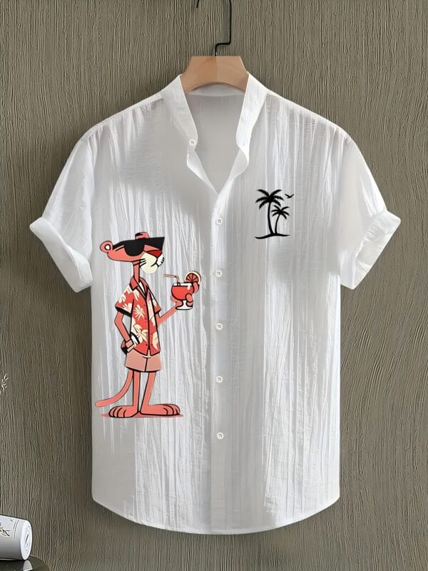 Men'S Summer Casual Beach Shirt - Lightweight Breathable Polyester-Spandex Blend Short Sleeve Top with Orange Cartoon Leopard Pattern and Tropical Drink Print, Stand Collar Design, Machine Washable, Perfect for Pool Parties and Beach Vacations