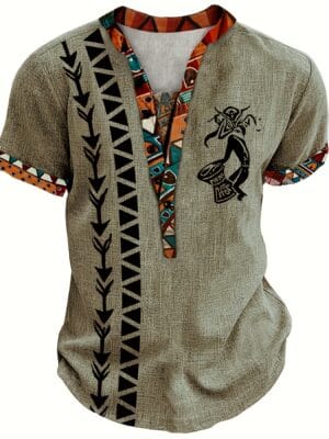 product-fancy-ed51f724-6a69-410a-b764-afb9106eb86f European And American Men'S Summer Khaki Ethnic Style Short-Sleeve Casual Shirt, Versatile for Vacations.