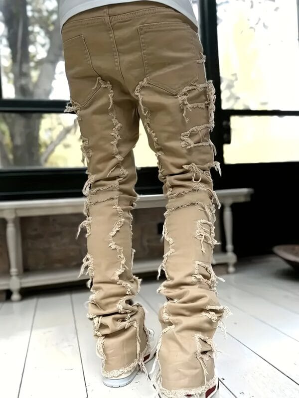 product-fancy-ed5d2cc8-6f8a-4b36-9286-7a72e0ff3155 Men's Solid Loose Fit Stacked Frayed Jeans, Chic Street Design Stylish Male Bottoms For All Seasons