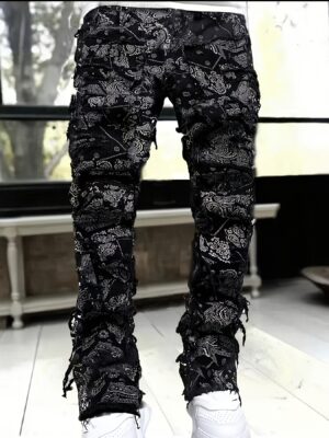 Men's High-Waisted Jeans - Non-Stretch Straight-Leg Pants with Elastic Waistband, Black Urban Streetwear for Casual & Formal Outfits - All-Season Hip-Hop Jeans, Versatile Wardrobe Staple, Creative Frayed Details, Premium Construction, Loosefit Trousers, Street Style Enthusiasts