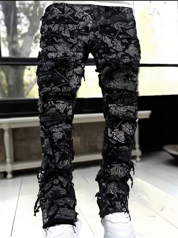 Men's High-Waisted Jeans - Non-Stretch Straight-Leg Pants with Elastic Waistband, Black Urban Streetwear for Casual & Formal Outfits - All-Season Hip-Hop Jeans, Versatile Wardrobe Staple, Creative Frayed Details, Premium Construction, Loosefit Trousers, Street Style Enthusiasts