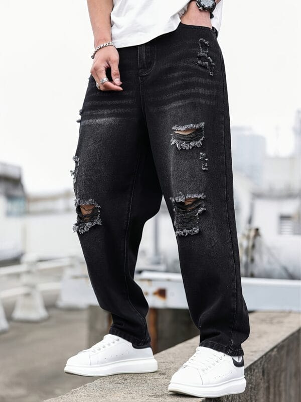 Men'S Casual Distressed Faux Denim Faux Denim - Relaxed Fit Water-Washed Ripped Detailing, Non-Stretch Durable Fabric, All-Season Versatile Style for Casual Attire, Comfortable Fashion, Classic Blue Wash, Quality Craftsmanship