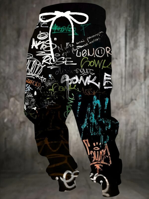 product-fancy-efb15e51-6c59-4704-9ce2-2061df9e8a69 Men's 3D Graffiti Print Casual Polyester Sweatpants with Drawstring and Pockets | Slight Stretch Knit Fabric | All Over Print Regular Fit Joggers