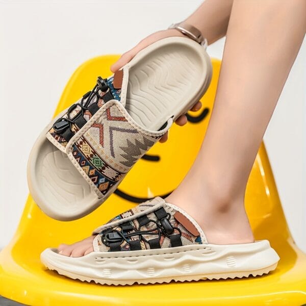 product-fancy-f00b63db-050e-43c5-9f41-1c8a6b19b09b Men's Slip-On Sandals with Colorful Geometric Pattern - Soft EVA Sole, Breathable PU & Fabric Upper for Casual Outdoor Beach Wear - Lightweight Comfortable Round-Toe Design, Leisure Footwear | Vibrant Pattern Footwear | Durable Traction Sole