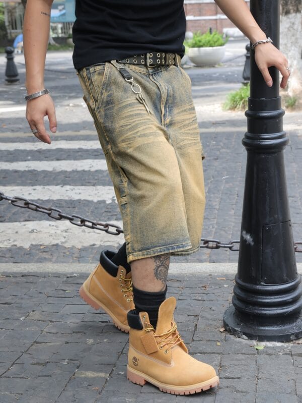 product-fancy-f07a16bf-00b1-4930-8775-52b986ee99d1 1pc American Multi-Pocket Loose Fit Men's Distressed Denim Cargo Shorts, Streetwear Design