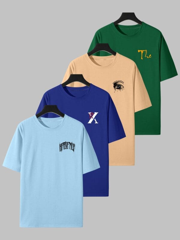 Men'S Casual Graphic Print T-Shirts - 4pcs Set, Short Sleeve Crew Neck, Slight Stretch, Geometric Pattern, All-Season Wear, Adult Regular Fit, Casual Wear|Graphic Tee|Stylish Casualwea