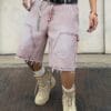 Men's Loose Fit Distressed Denim Shorts with Raw Hem & Flap Pockets - Knee-Length Street Style, No Belt/Accessories Included, Jean Shorts, Casual Outerwear, Patchwork Detailing, Solid Color Design