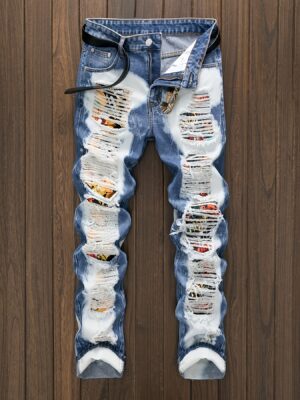 European and American High Street Men's Distressed Patched Slim Fit Straight-Leg Mid-Rise Jeans