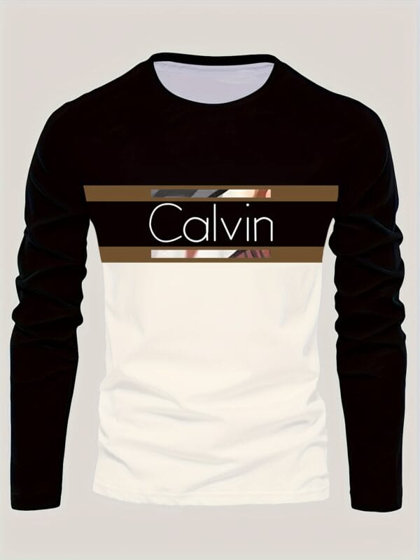product-fancy-f2739b88-2d15-488f-bf5c-8d4c041010d7 Men'S Long Sleeve T-Shirt - Black to Brown Ombre with CALVIN Lettering, Stretch Comfort Fit for Everyday & Formal Wear, Spring/Fall Essential - CALVIN Apparel, Spring Fall Top, Modern Casual Tee, Smooth Texture Shirt