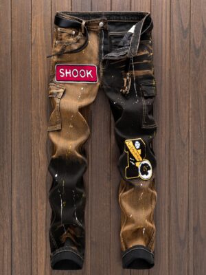 Hip-Hop Punk Style Trendy Paint-Splatter Embroidery Slim Fit Straight-Leg Jeans for Men