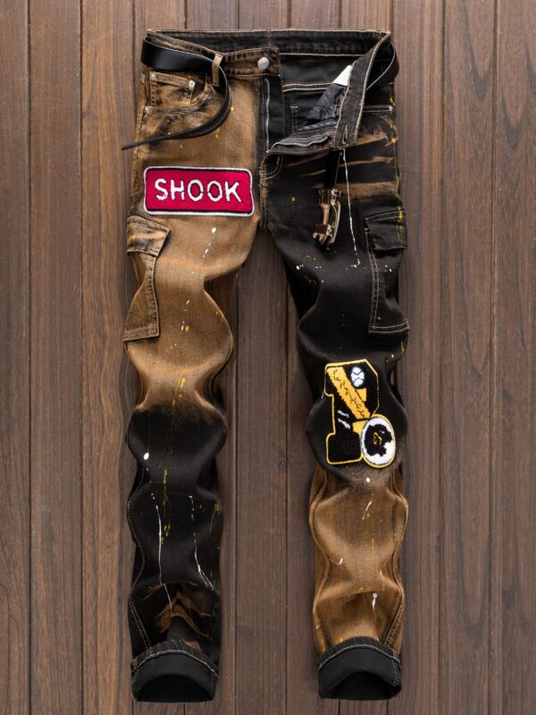 Hip-Hop Punk Style Trendy Paint-Splatter Embroidery Slim Fit Straight-Leg Jeans for Men