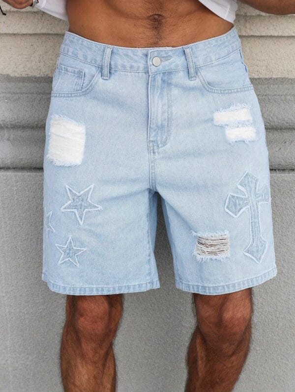 product-fancy-f55c9179-609c-43e8-922f-f6958b6934e2 Men'S Streetwear Denim Mid-Length Shorts - Washed Blue with Distressed Rips, Star & Anchor Embroidery, Loose Fit, Casual Summer Denim Shorts for Casual Attire, Everyday Denim Shorts | Streetwear Fashion | Detailed Embroidery, Denim Shorts