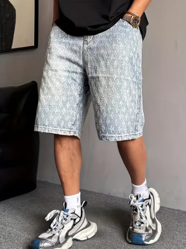 Men's Non-Stretch Jeans Shorts - Mid-Length Vintage wash, Streetwear Cargo-like functional pockets, Machine Washable Denim Shorts for Spring/Fall Casual Outfits (Men's Fashion), Fall Wardrobe, Relaxed Fit, Textured Design, Urban Style