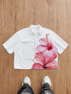 product-fancy-f6d3f125-31c1-4260-b07b-2e50c933155f Men's Summer Shirt - Loose Fit Button-Up Casual Shirt with Floral Hibiscus Print, Non-Transparent Fabric for Beach Vacation, Office & Casual Attire - Machine Washable Lightweight Formal & Everyday Attire, Shirts for Summer, Vacation Clothing, Contrast Color Design, Durable Material, Vacation Wardrobe