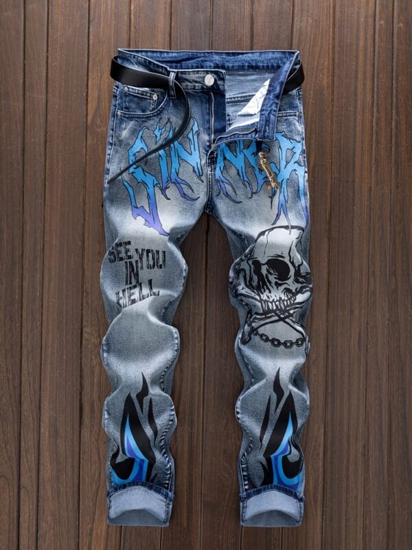 product-fancy-f739b27a-f26a-4973-8429-ce7df8ea9424 Men's Punk Jeans - Skinny fit Stretch Blue jeans with, Zipper Closure, Machine Washable - for Concerts, Nightclubs, Streetwear - Edgy Gothic Punk Rock Look