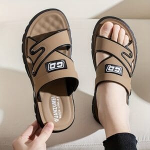 Men's Slip-On Beach Shoes - Slip-Resistant Thick Platform Sandals with Cushioned Insole - Lightweight Brown Slip-Ons for Pool, Travel, Outdoor - All-Day Comfort Casual Footwear for Dad & Everyday Summer Use, Wide Width Sandals, Travel Footwear, Stylish Crisscross Straps, Rubber Sole Footwear, Poolside Slippers, Comfortable Slippers, Durable Construction, Vacation Essentials