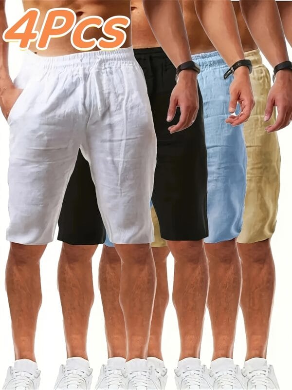 product-fancy-f84bb286-2931-4217-bd56-95237cf73e1d 4pcs Men'S Casual Summer Shorts - Loose Fit, Mid-Rise with Drawstring, Solid Color (White, Black, Light Blue, Beige) for Beach & Outdoor Activities, Beach Shorts, Relaxed Style, Nonstretch Fabric