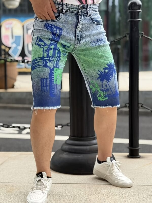 product-fancy-f84bd704-c5f3-49f5-9698-dc56f162fbe6 Men'S Trendy Print Slim-Fit Faux Denim Shorts - Versatile Gradient Straight-Leg Casual Pants for Casual Attire